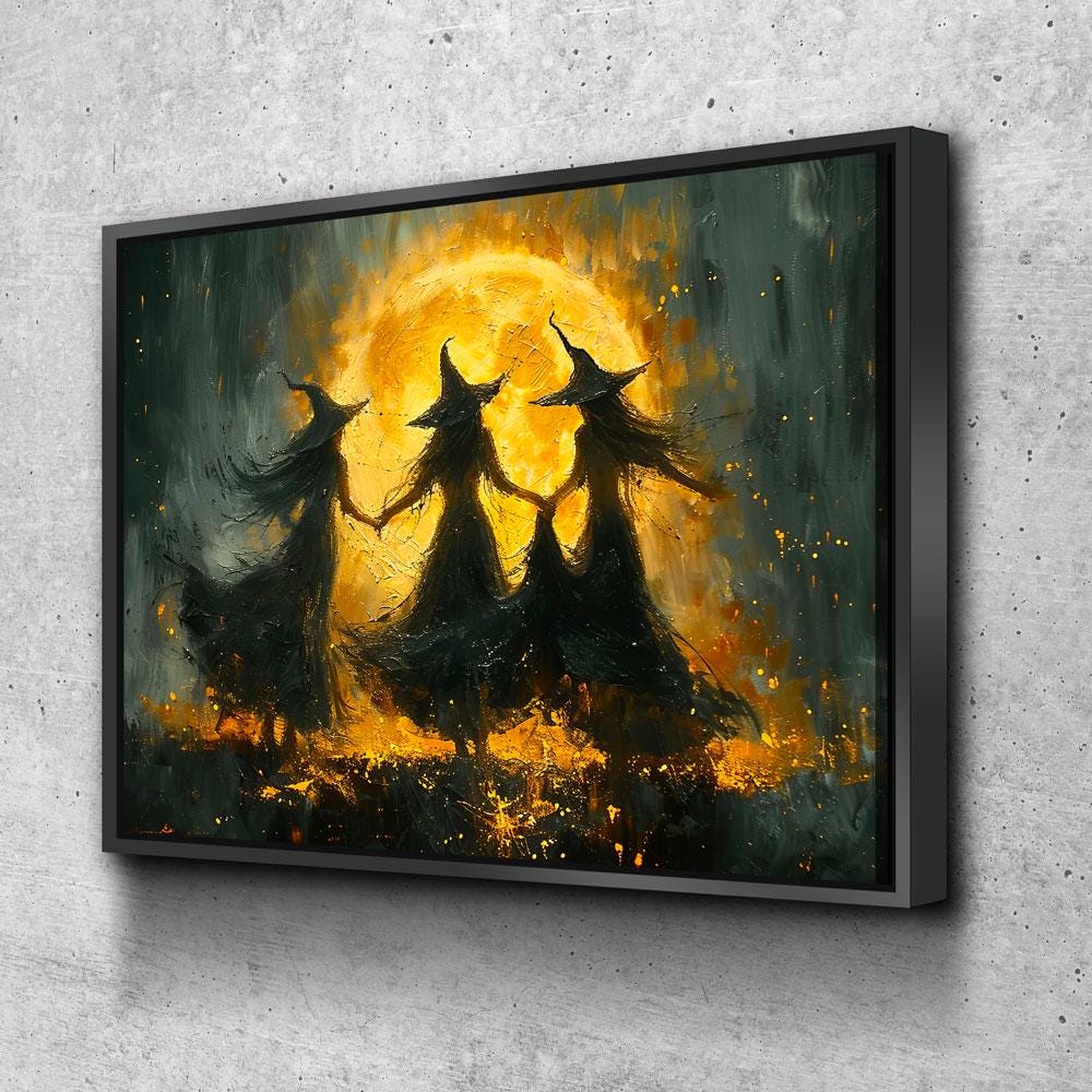 Witches Dancing Around The Fire Canvas Wall Art, Gothic Decor, Halloween Decor, Halloween Hanging, Witch Decor, Pagan Art Print, Hallows Eve